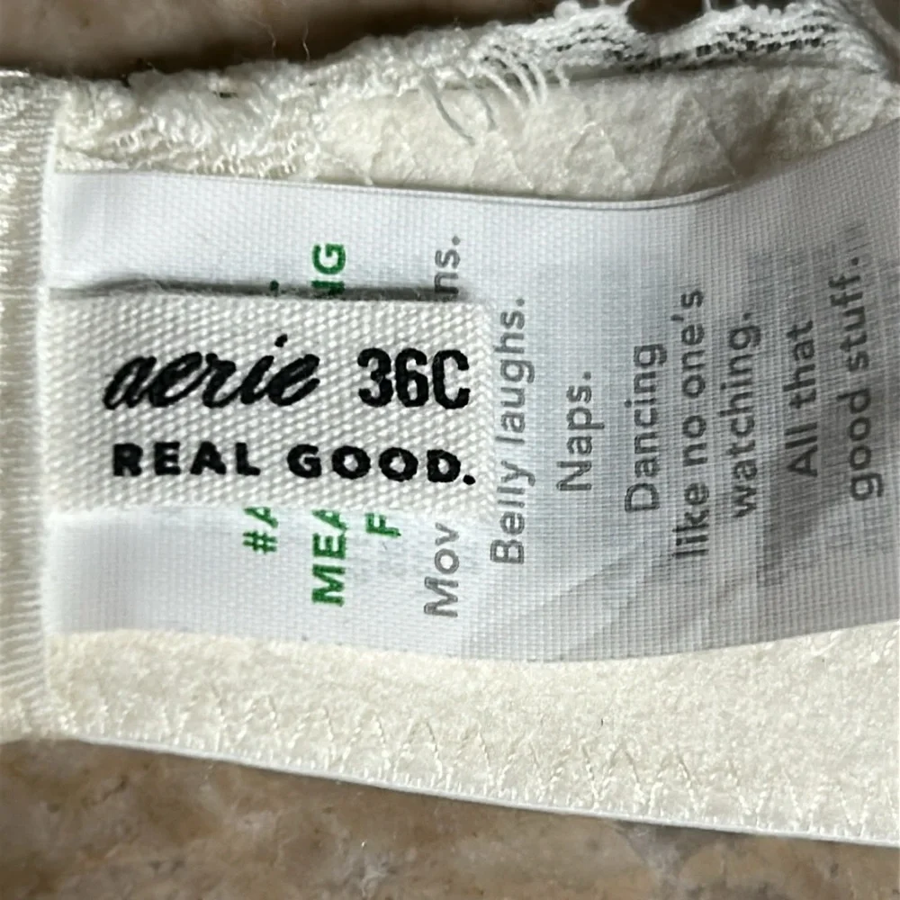 Aerie 36C white bra,lace covered,mesh,fray,padded,cross back,wireless,feminine - Picture 9 of 11